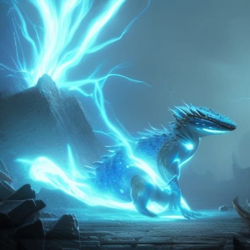 Blue Crystal Lizard Struck by Lightning: Dark Fantasy Art