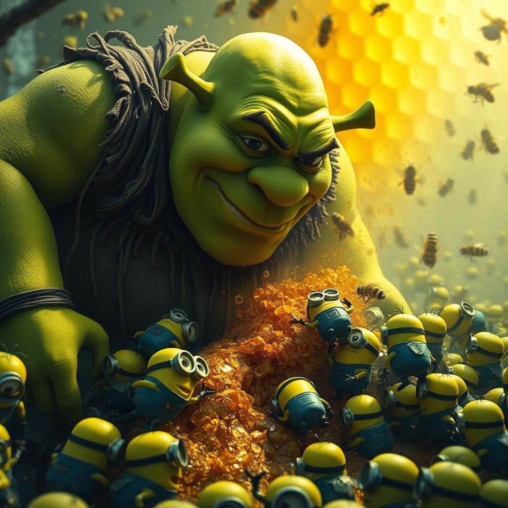 Shrek catches Minions stealing honey