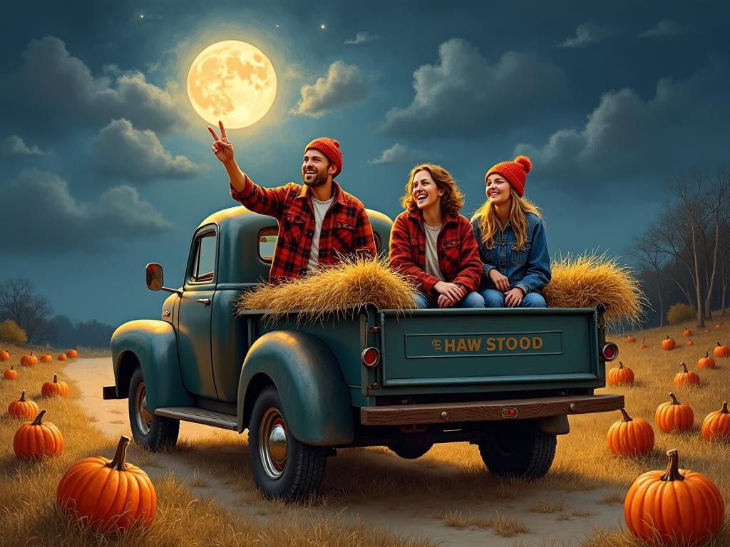 Autumn Hayride Under Moonlight in Americana Style