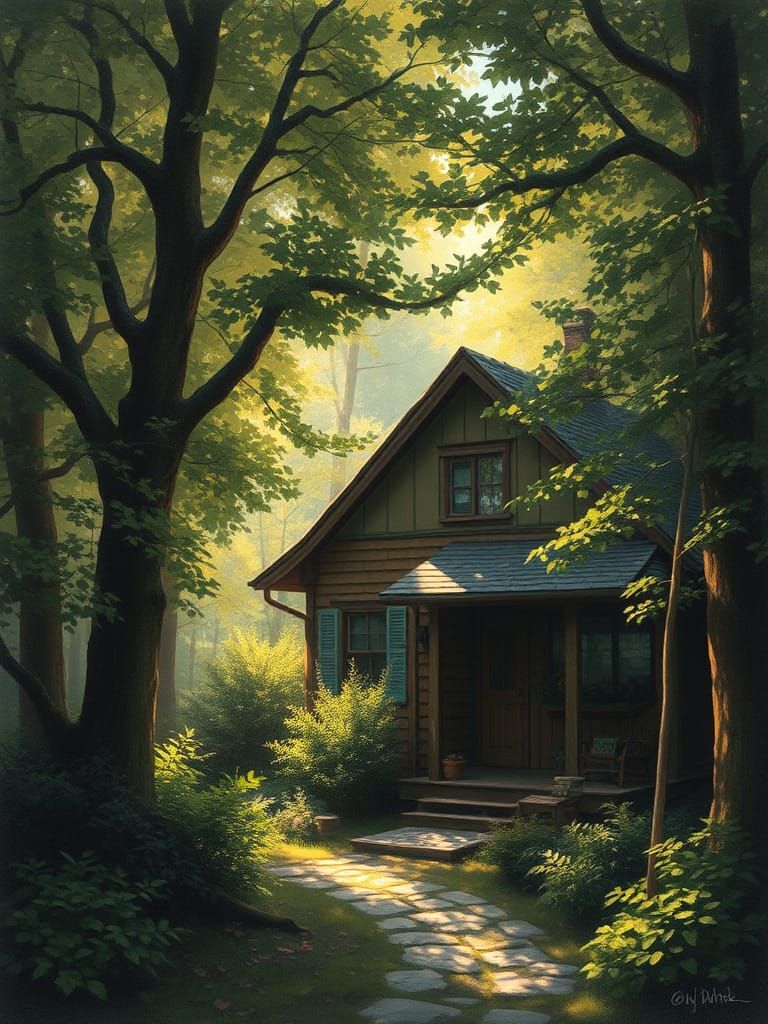 Enchanted Cottage in Forest, Atmospheric Oil Painting