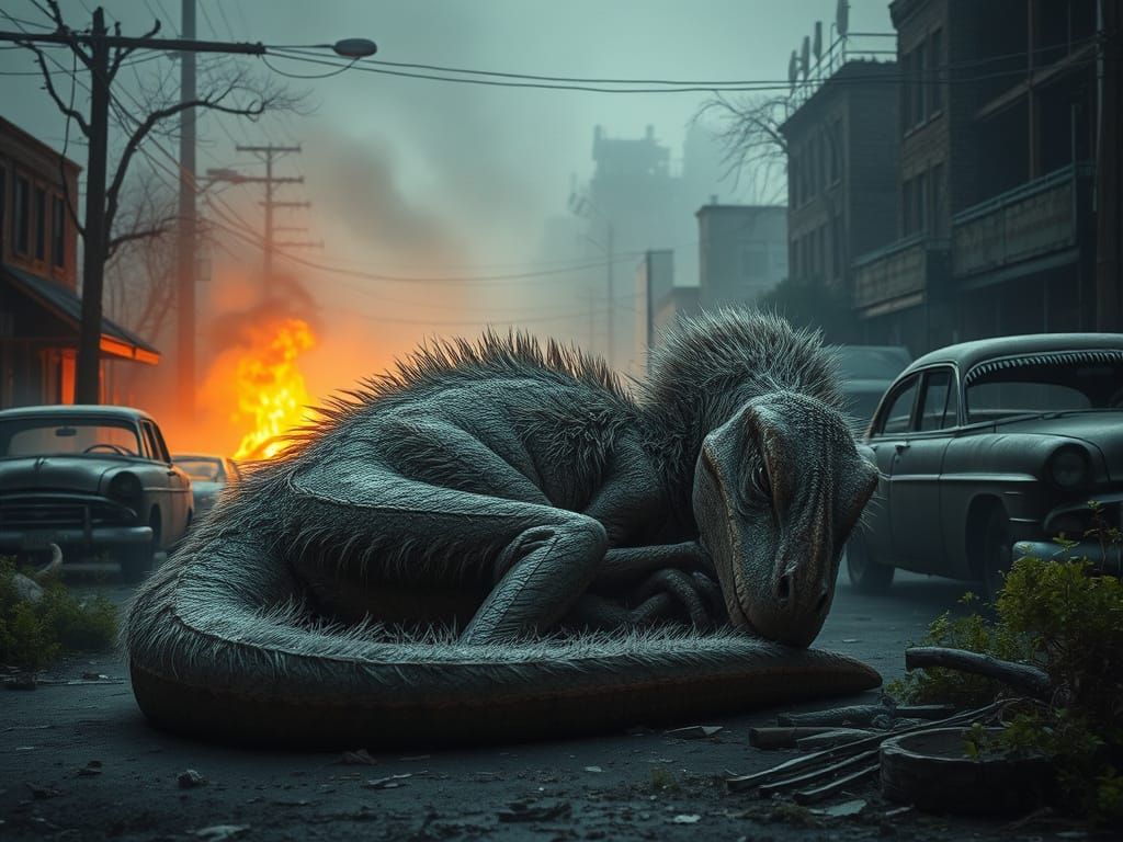 Cyberpunk Dinosaur in Post-Apocalyptic Ruins