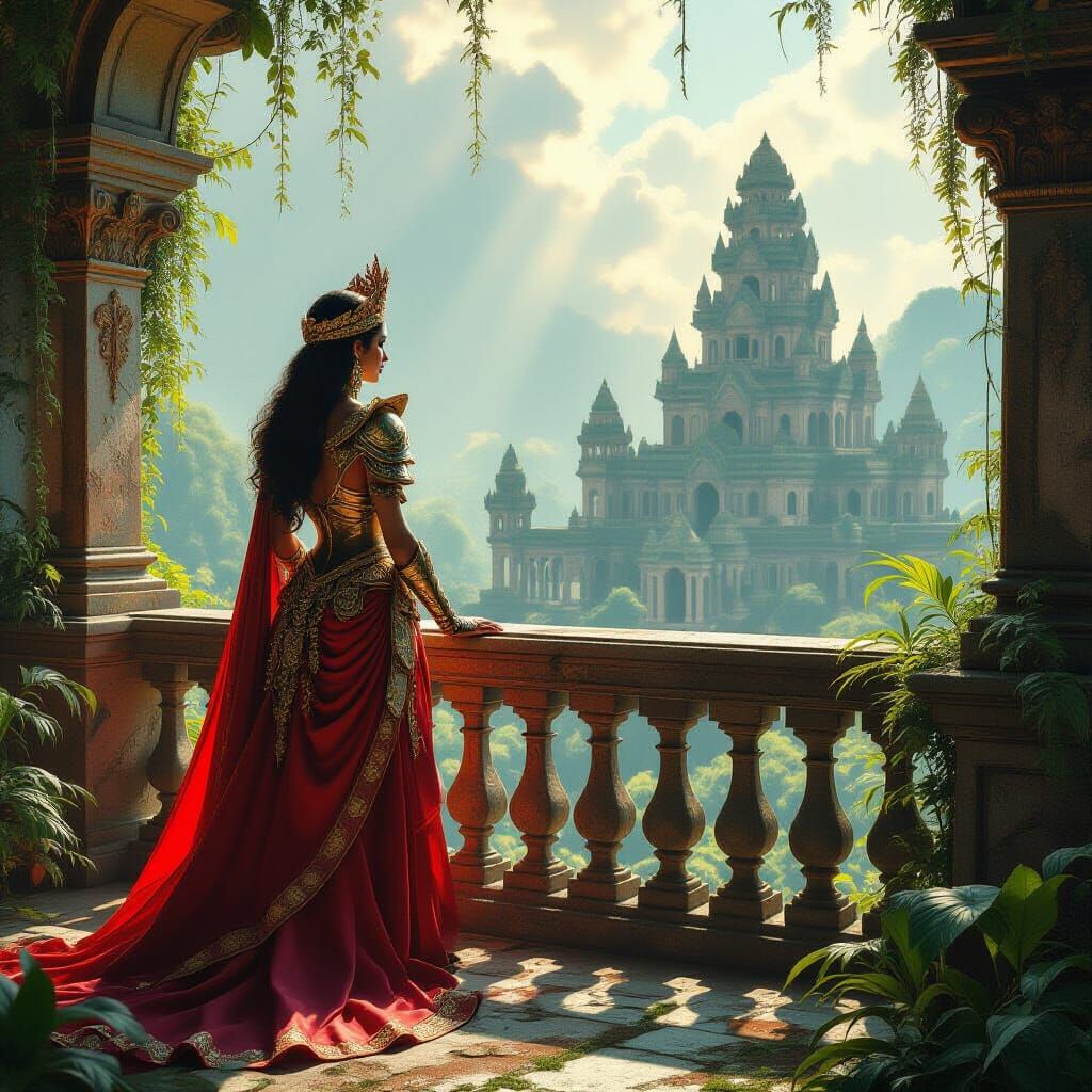 Regal Queen Overlooking Jungle City in Splash Art Style