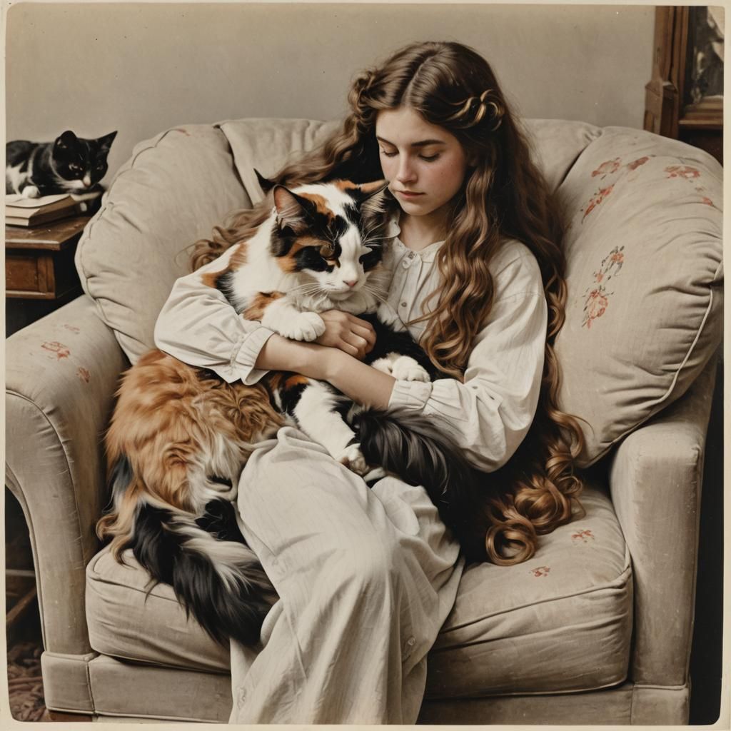 Girl with Calico Cat in Oversized Chair