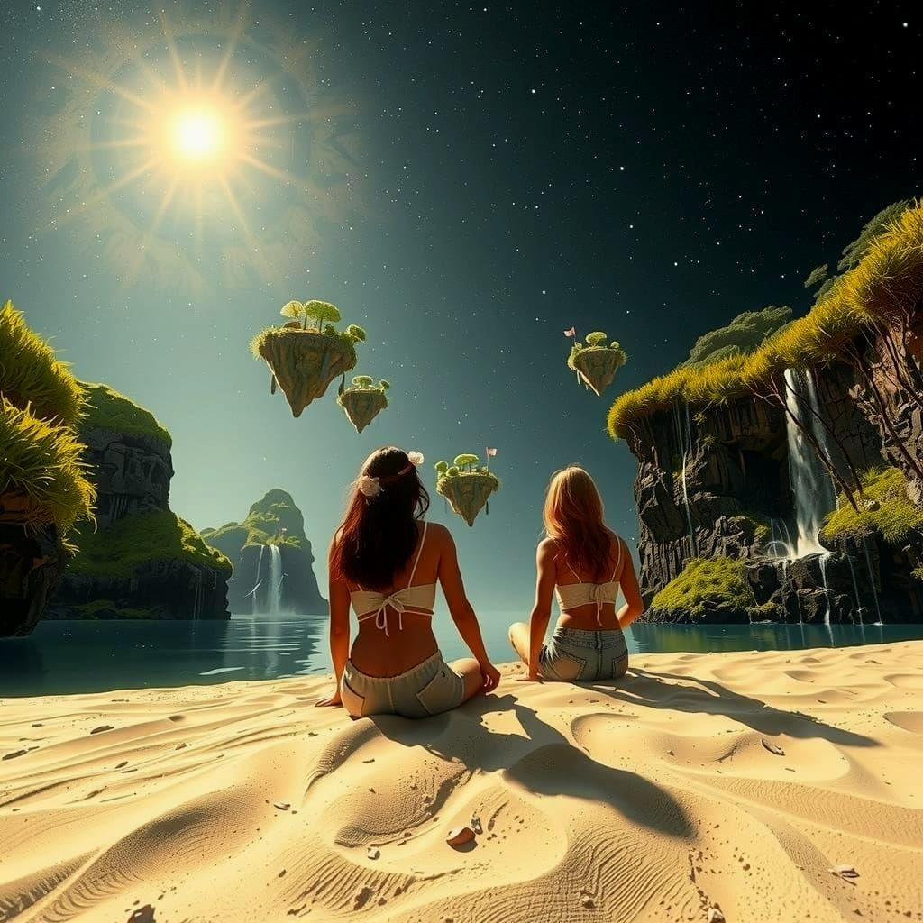 Women on Floating Island in Outer Space, Golden Hour