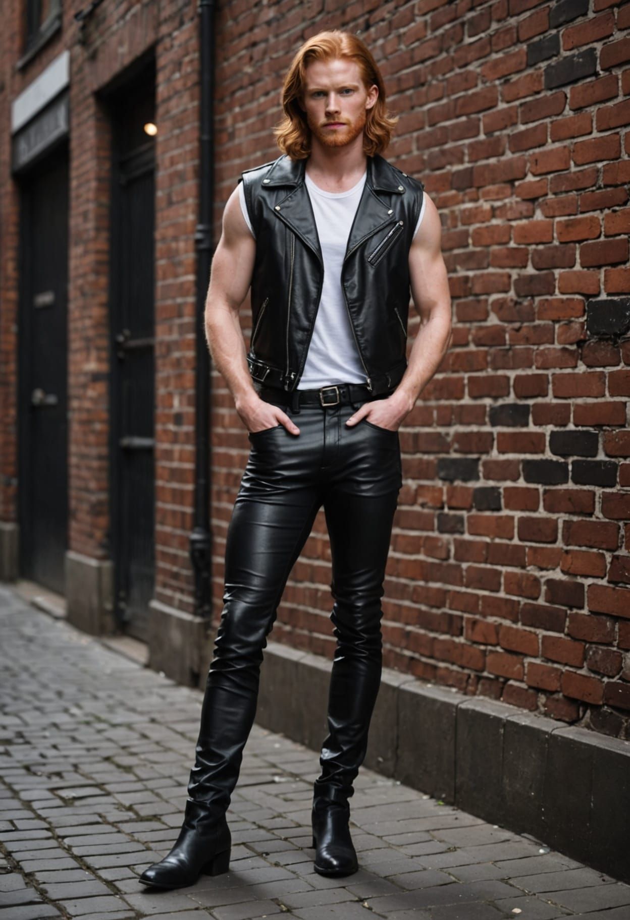Ginger Haired Man in Leather Attire in Alleyway