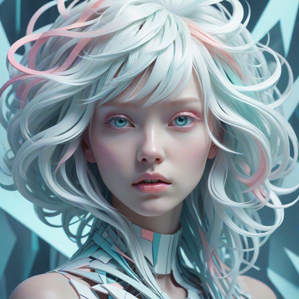 Icy White Geometric Hair Sculpture: Surreal Art