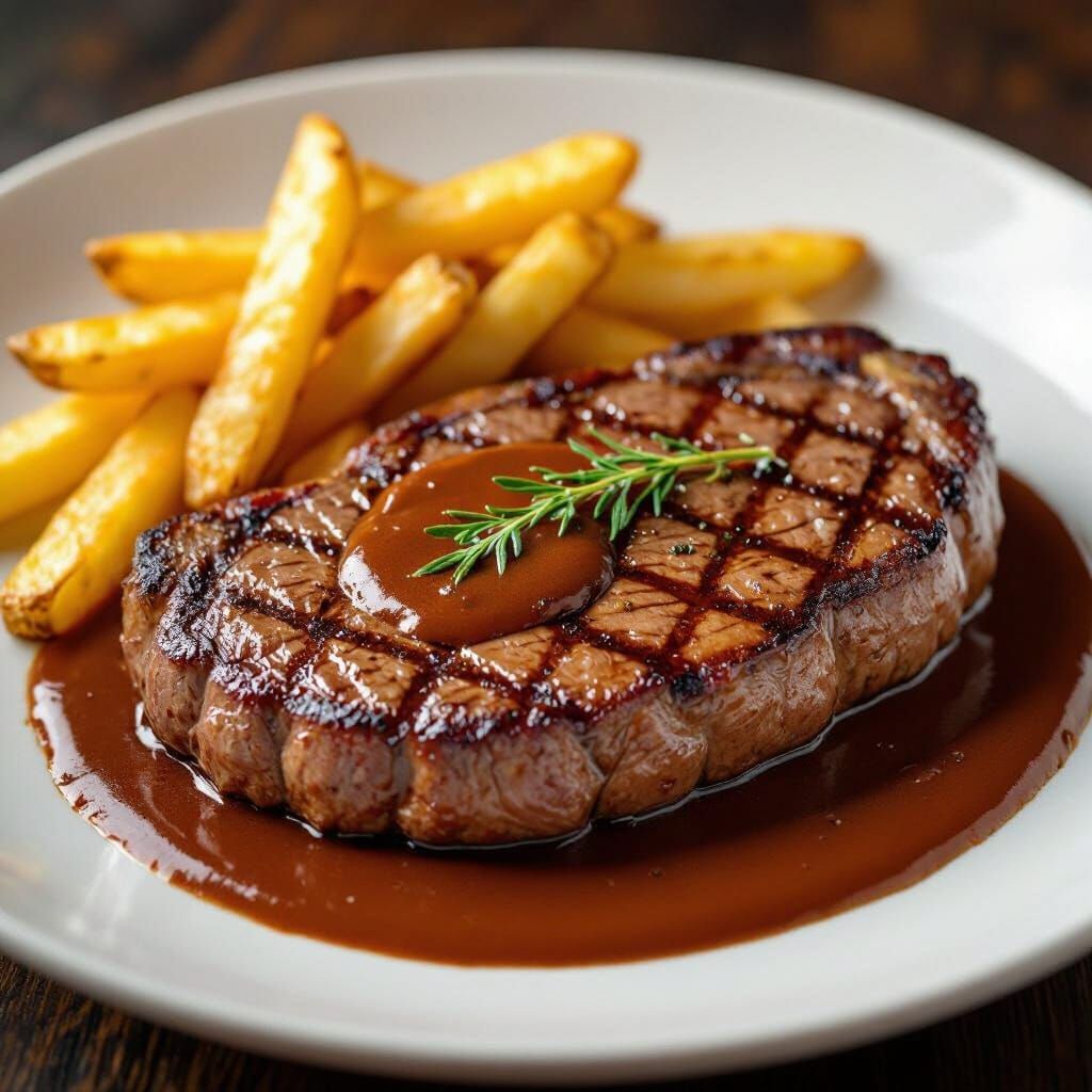Juicy Grilled Steak with Fries and Velvety Sauce