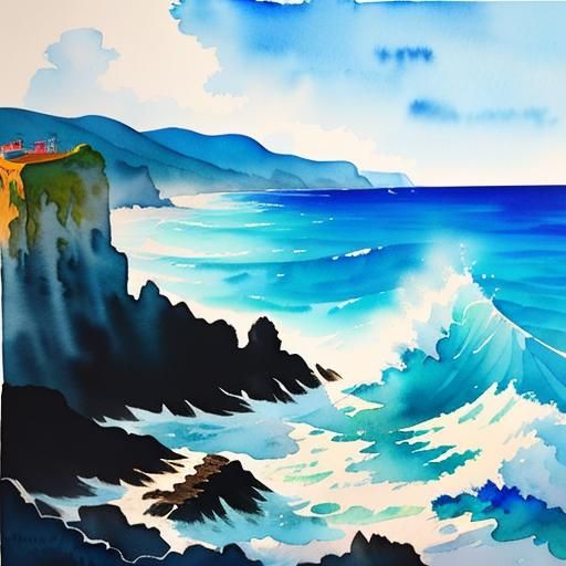 Watercolor Ocean Waves Crashing on Rocky Shore