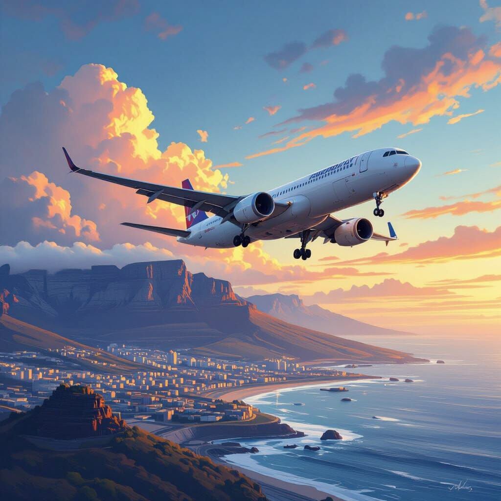 Airplane Over Cape Town in Matte Painting Style