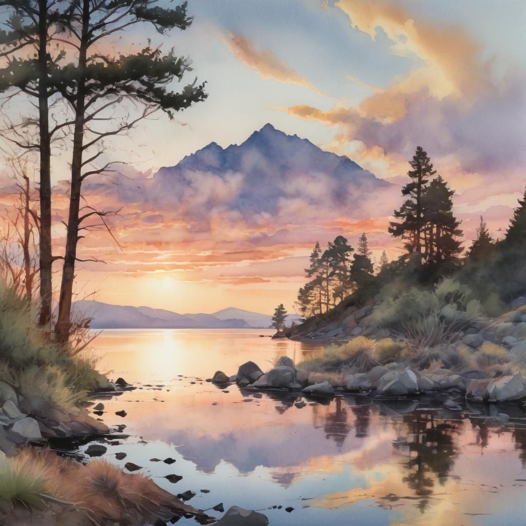 Sunset Mountainscape Watercolor Painting