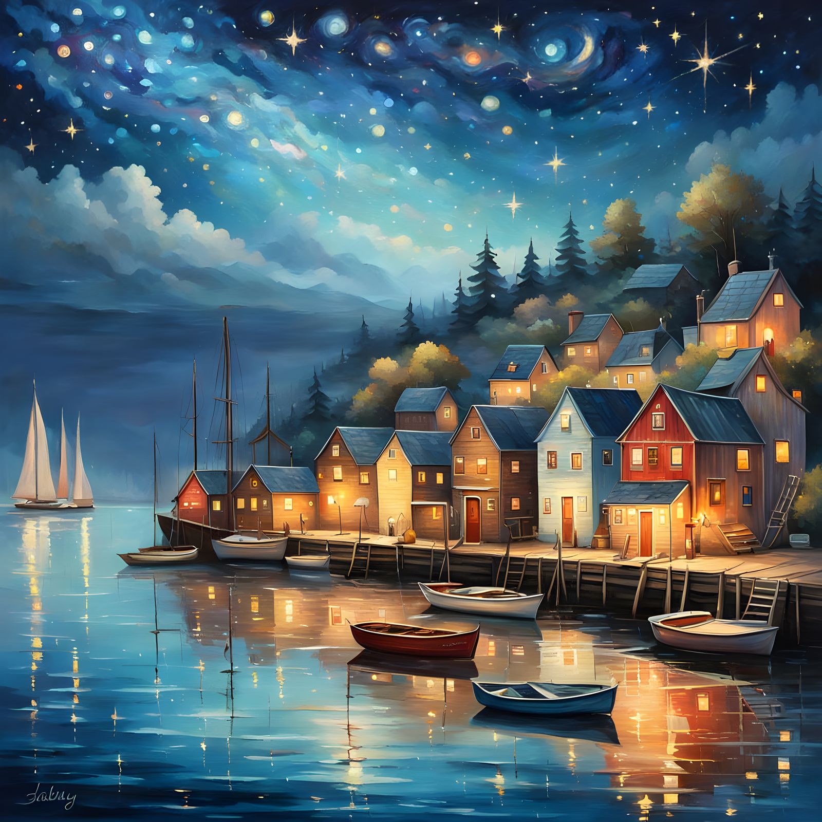 Dreamy Nighttime Harbor Scene in Classic Oil Painting Style