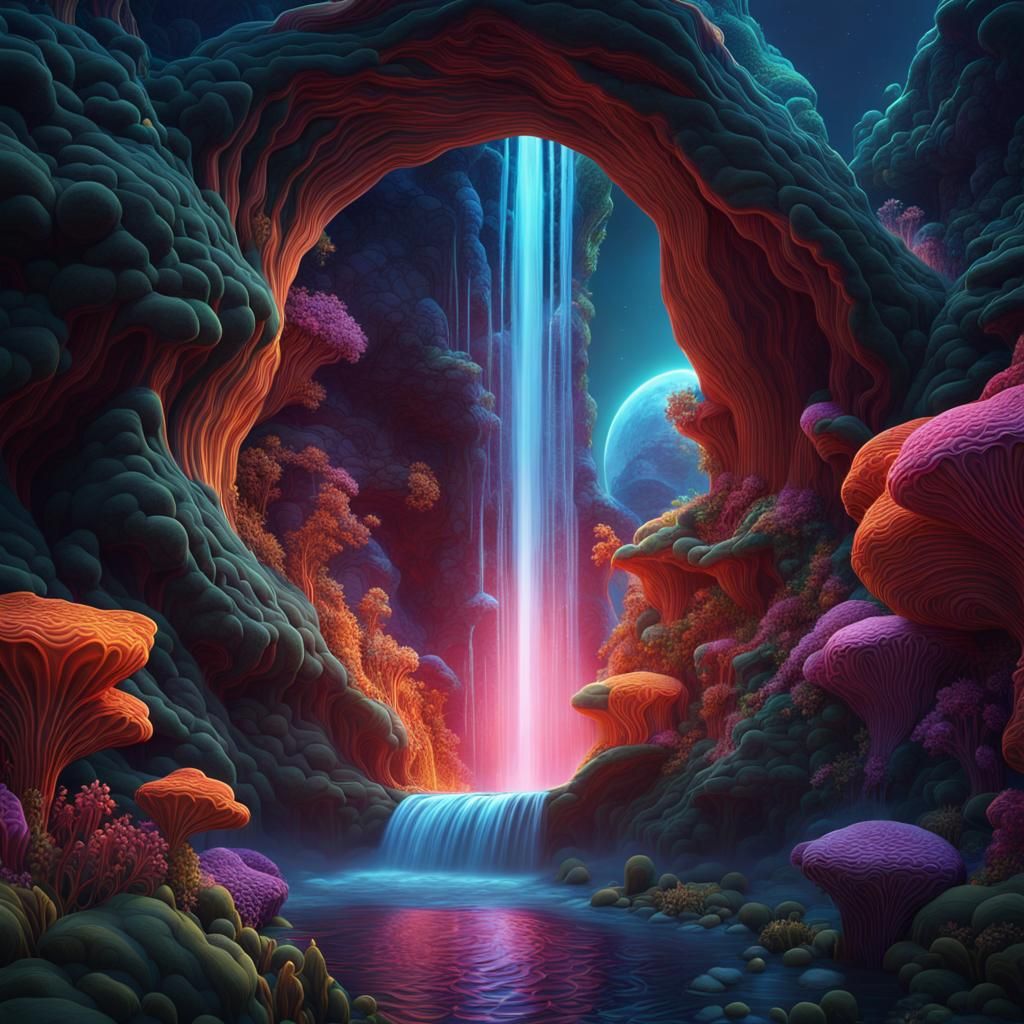 Quilted Moon Over Waterfalls in Holographic Style