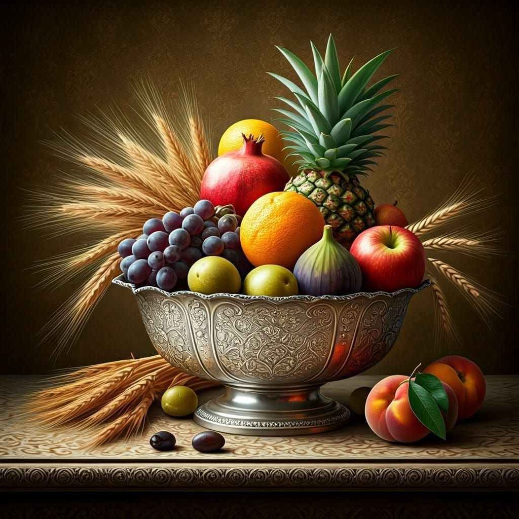 Elegant Silver Bowl Overflowing with Fresh Fruits in Opulent...