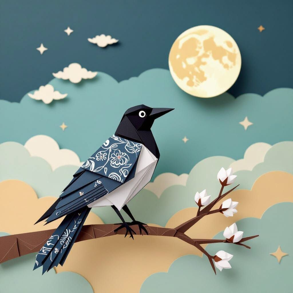 Origami Crow Gazing at Paper Moon in Japanese Style