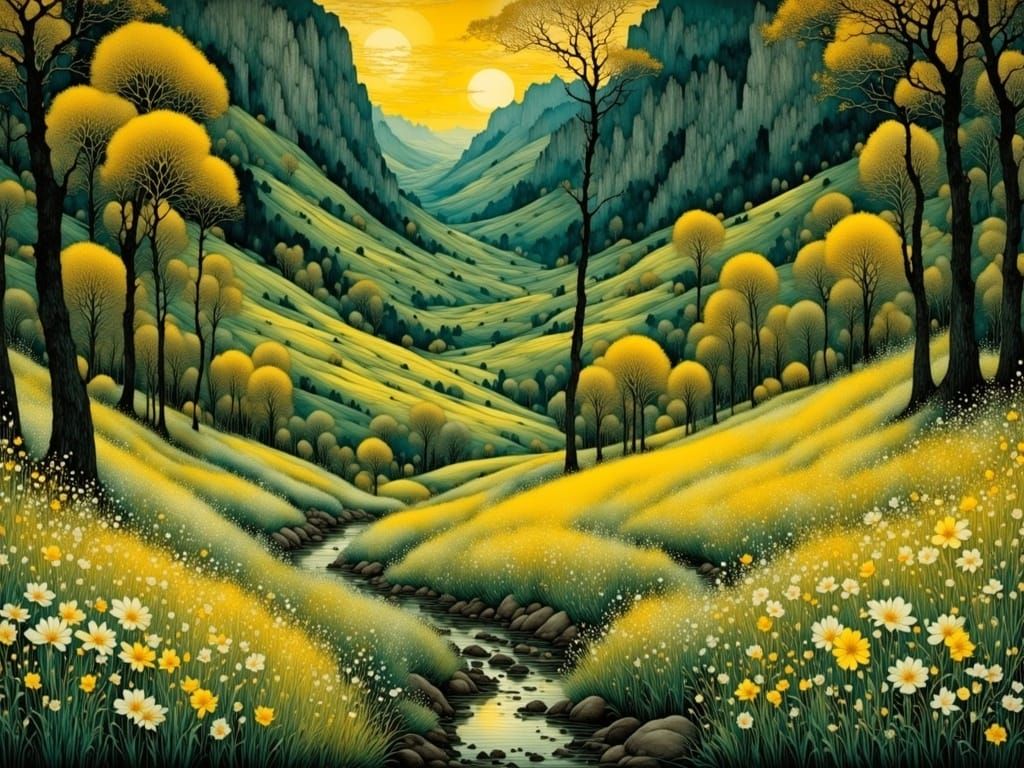 Enchanted Valley with Daffodils, Inspired by Art Nouveau