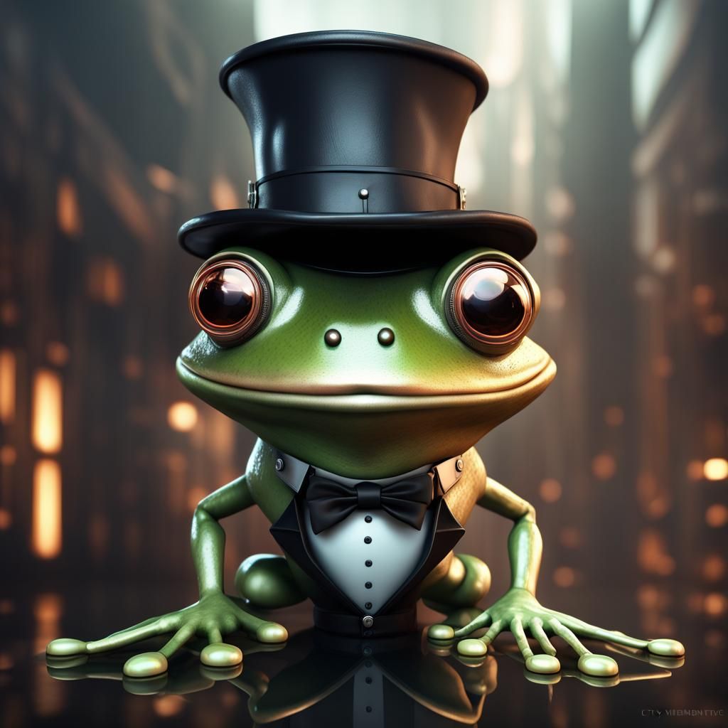 Cybernetic Frog with Top Hat in 3D Digital Render