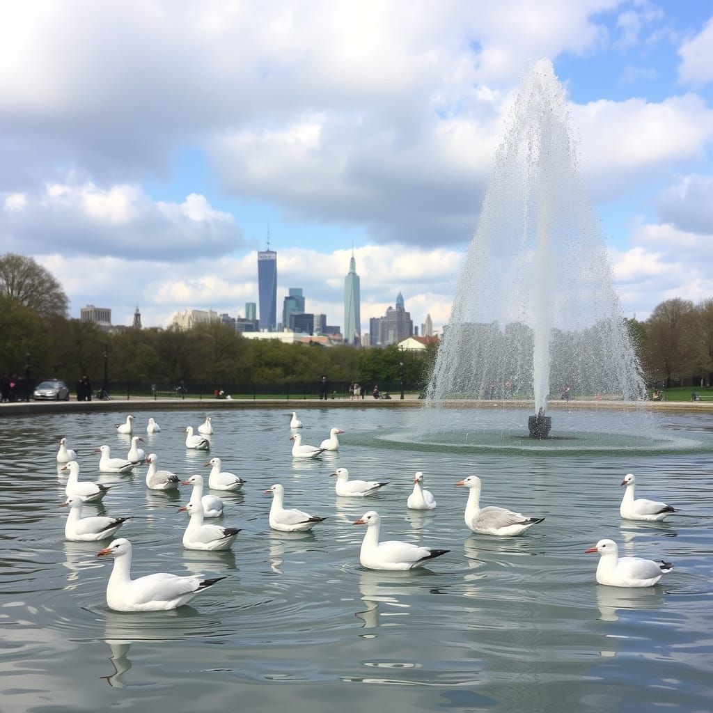 Birds in Hyde Park Fountain, London Skyline