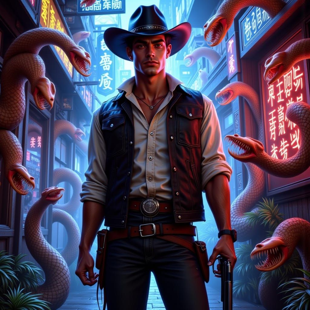 Bewildered Cowboy in Neon Chinatown Horror Fusion