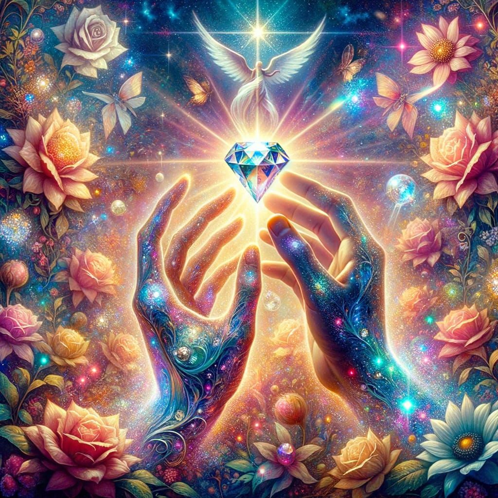 Diamond Heart Held by Diverse Hands in Ethereal Light