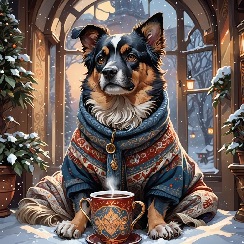 Dog in Sweater Watching Snowfall, Art Nouveau Style