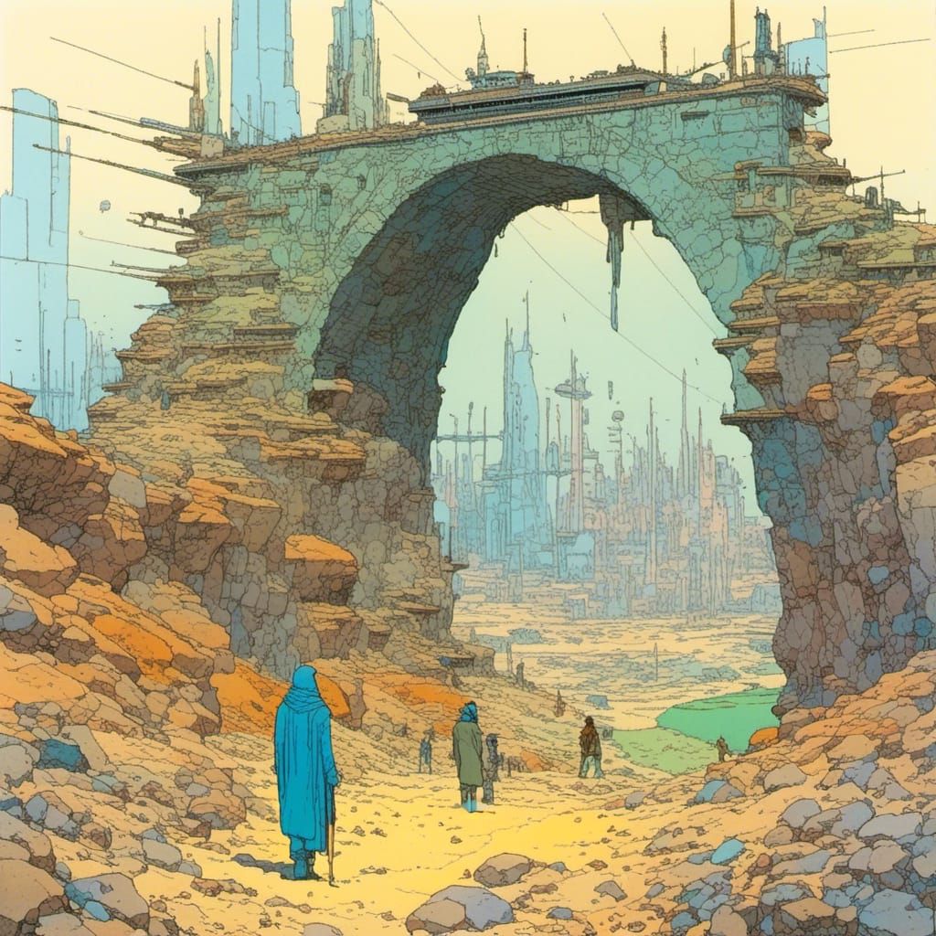 Monumental City on Stone Bridge, Moebius Style