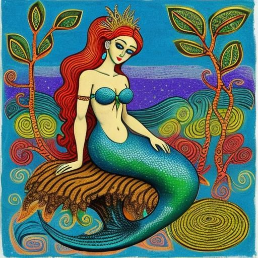 Kitsch Mermaid on a Tree in Art Brut Style