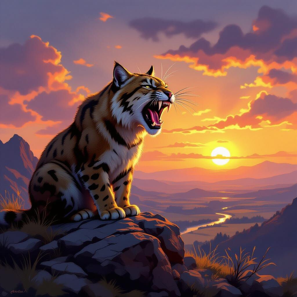 Sabre-Tooth Cat Snarling in Prehistoric Landscape