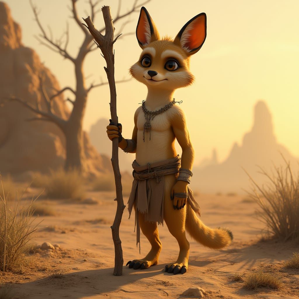 Bipedal Ringtail Stands on Arid Steppe Land with Intelligent...