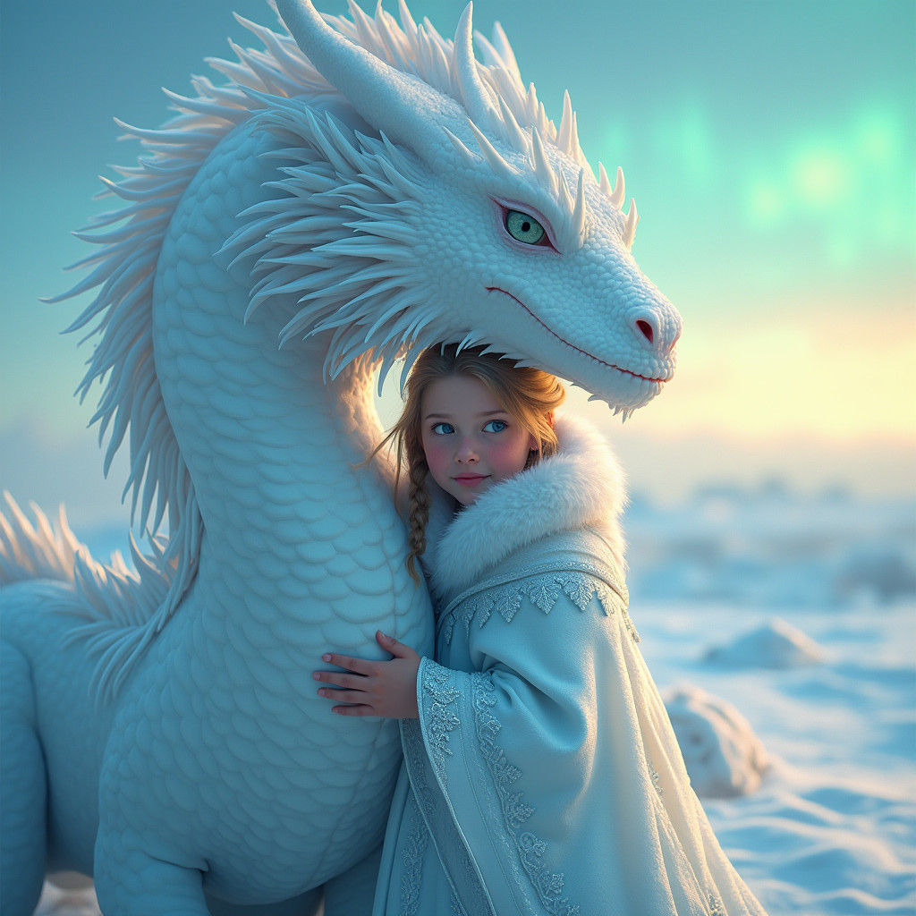 Girl and Snow Dragon Hug: Fantasy Concept Art