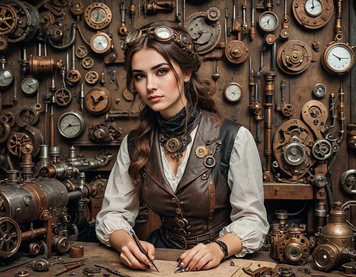 Young Woman in Steampunk Garage DIY Project