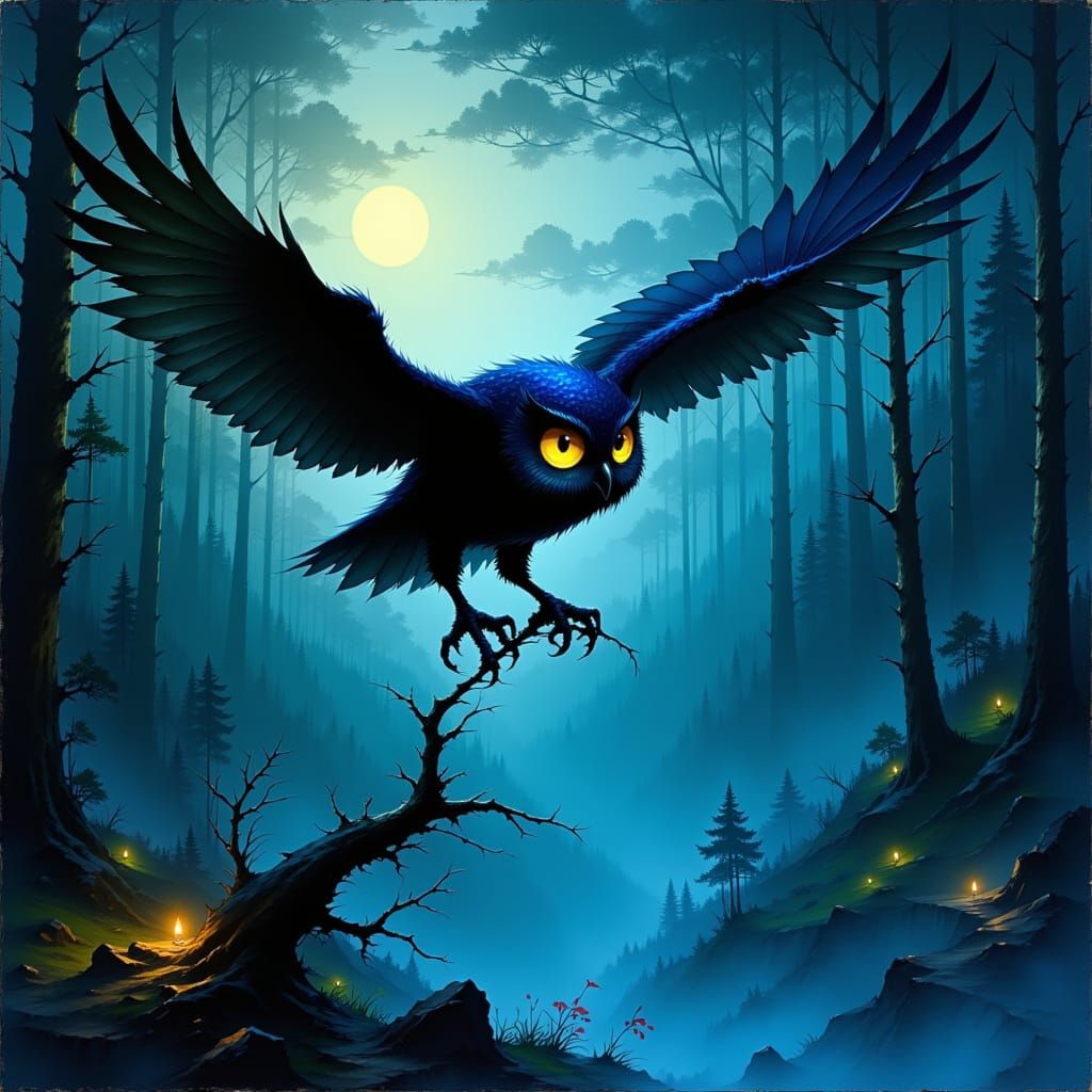 Night Owl Swooping in Mystical Forest Backdrop
