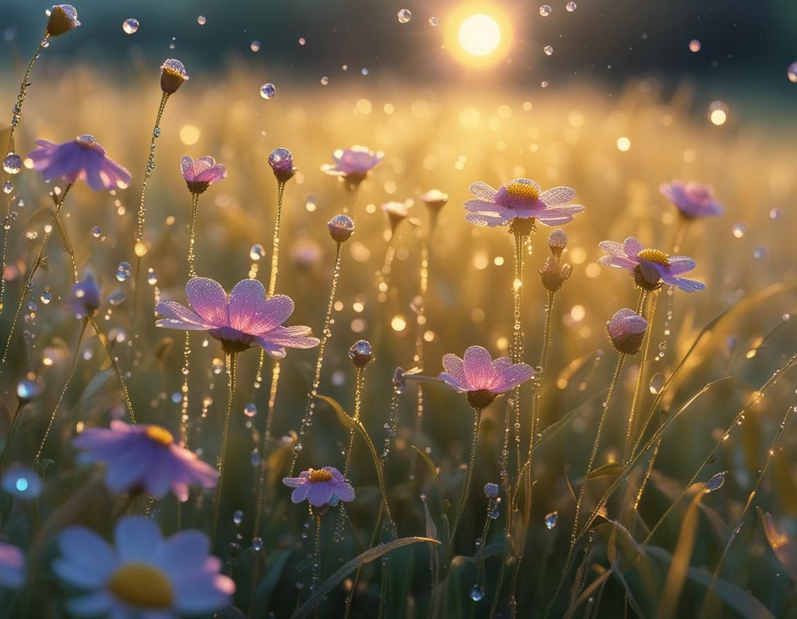 Dew-Kissed Field Flowers at Dawn: Hyperrealistic Art