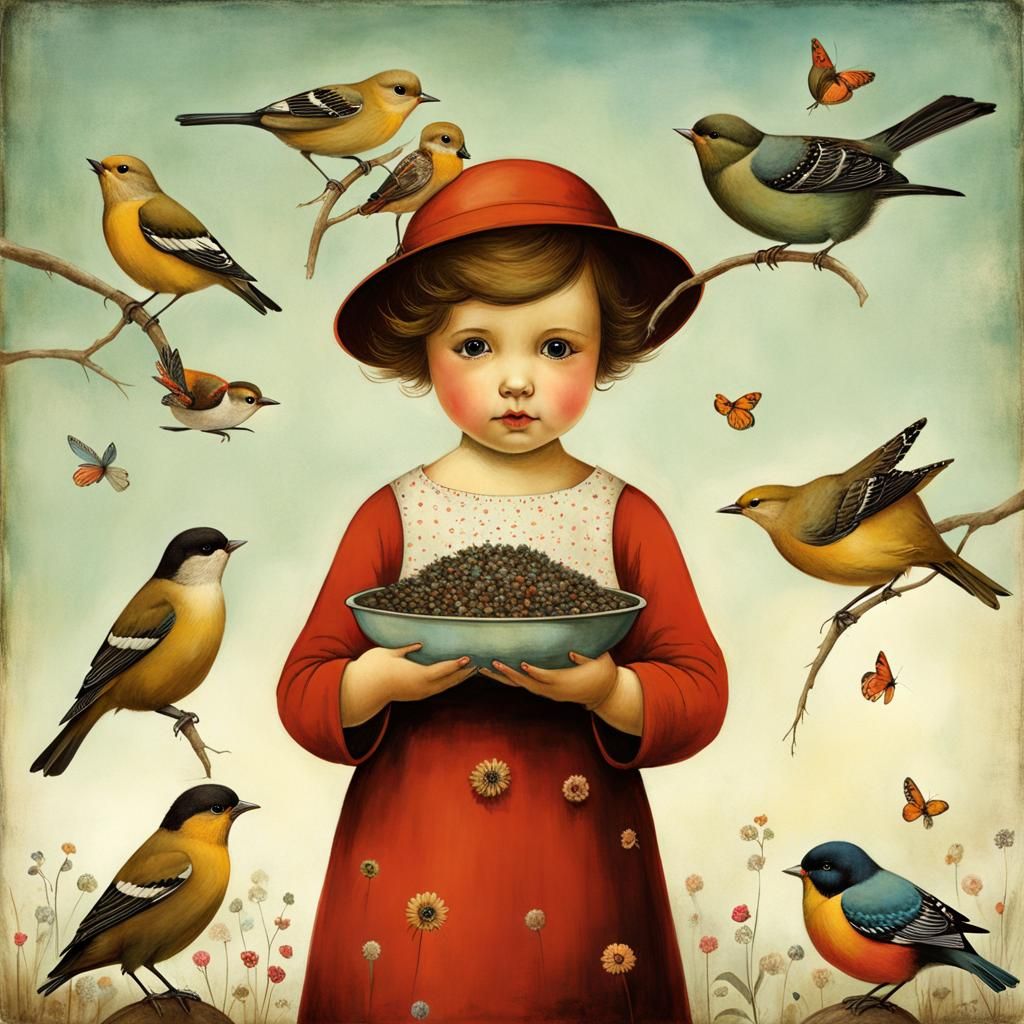 Toddler Girl Feeds Birds: Whimsical Art Illustration