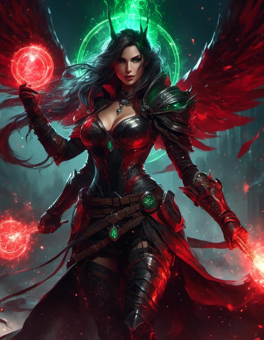 Lady armored sorceress warrior black, red and emerald. On battlefield <lora:Fantasia:1.0> 8K resolution