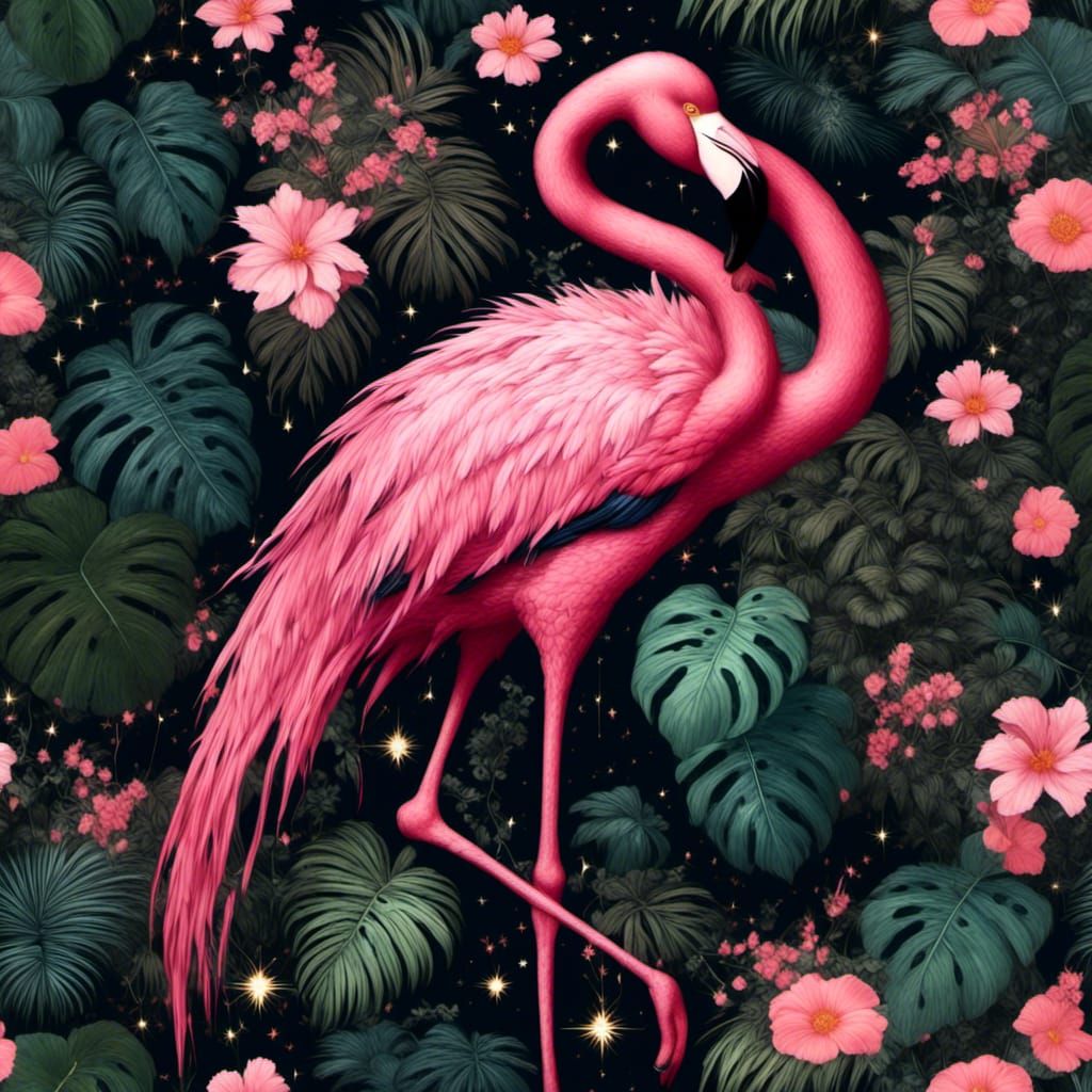 Flamingo in Starry Night Jungle, Van Gogh Style