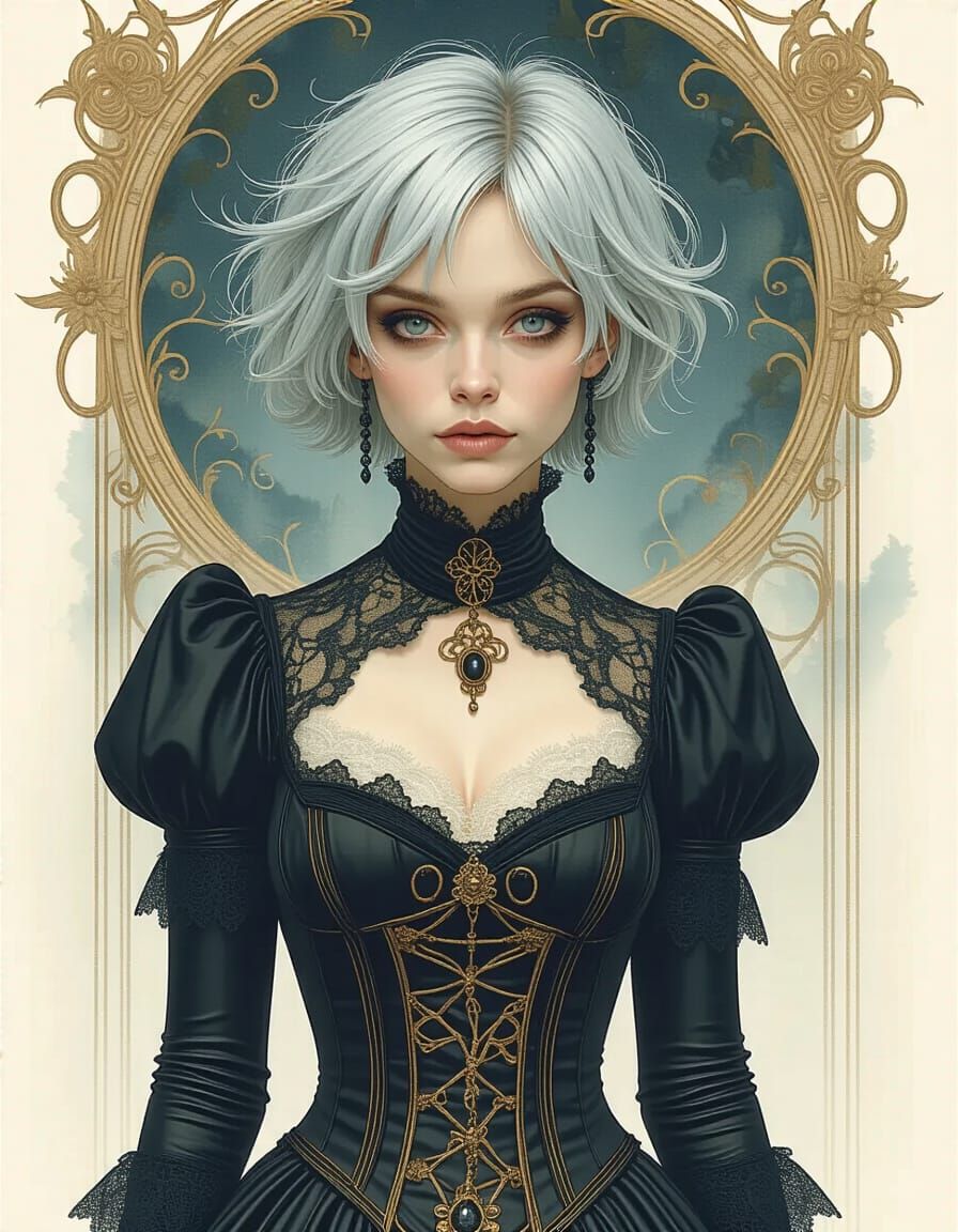 Dark Angel in Victorian Outfit, Aquarelle Painting