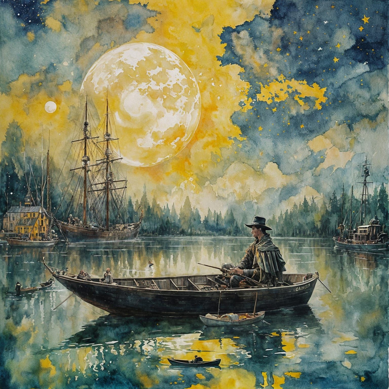 Epic Yellow Moon Over Lake with Pirate Silhouette in Gouache...