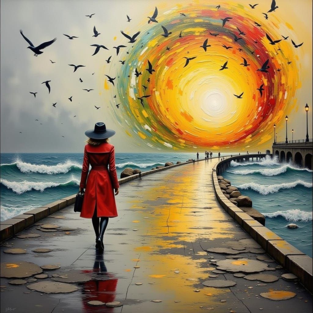 Figure Walks Towards Color Vortex on Reflective Pier