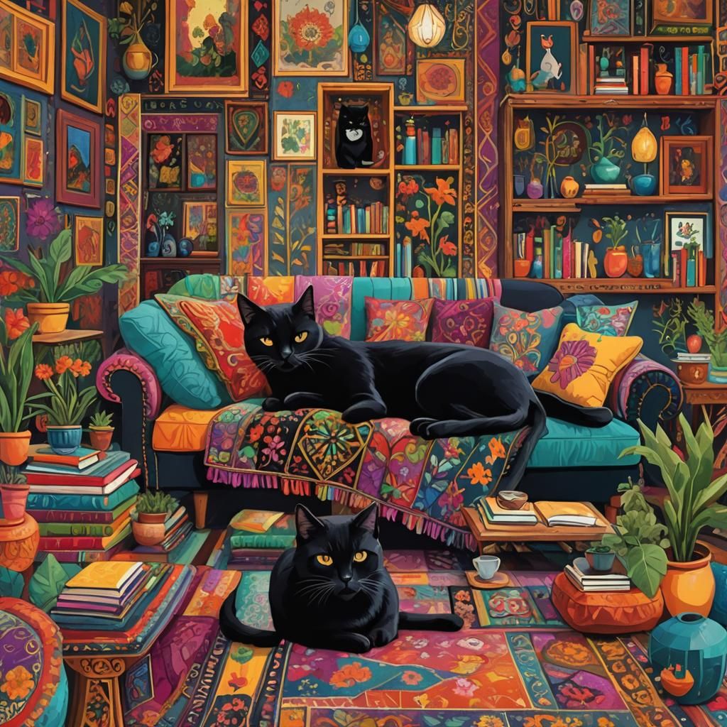 Colorful Bohemian House with Sleeping Cat