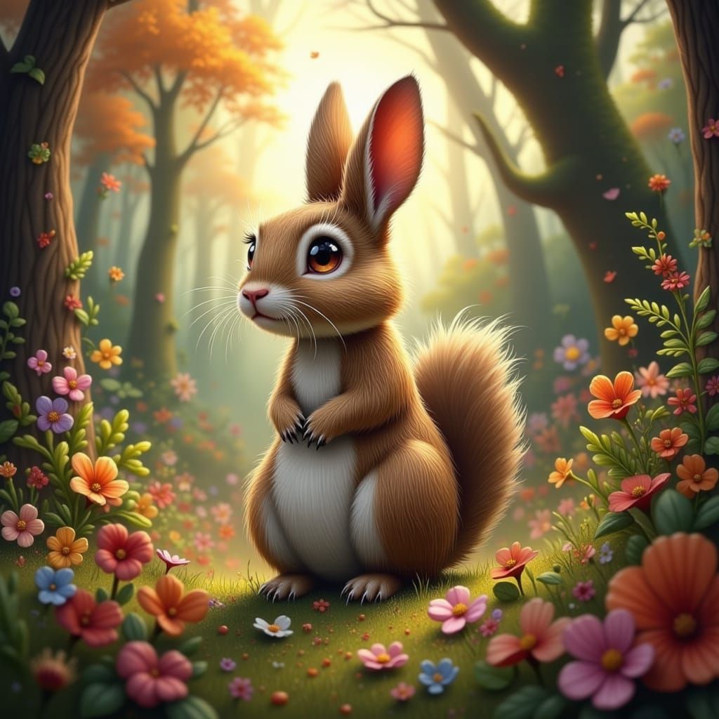 Whimsical Rabbit-Squirrel Hybrid in Fantastical Forest