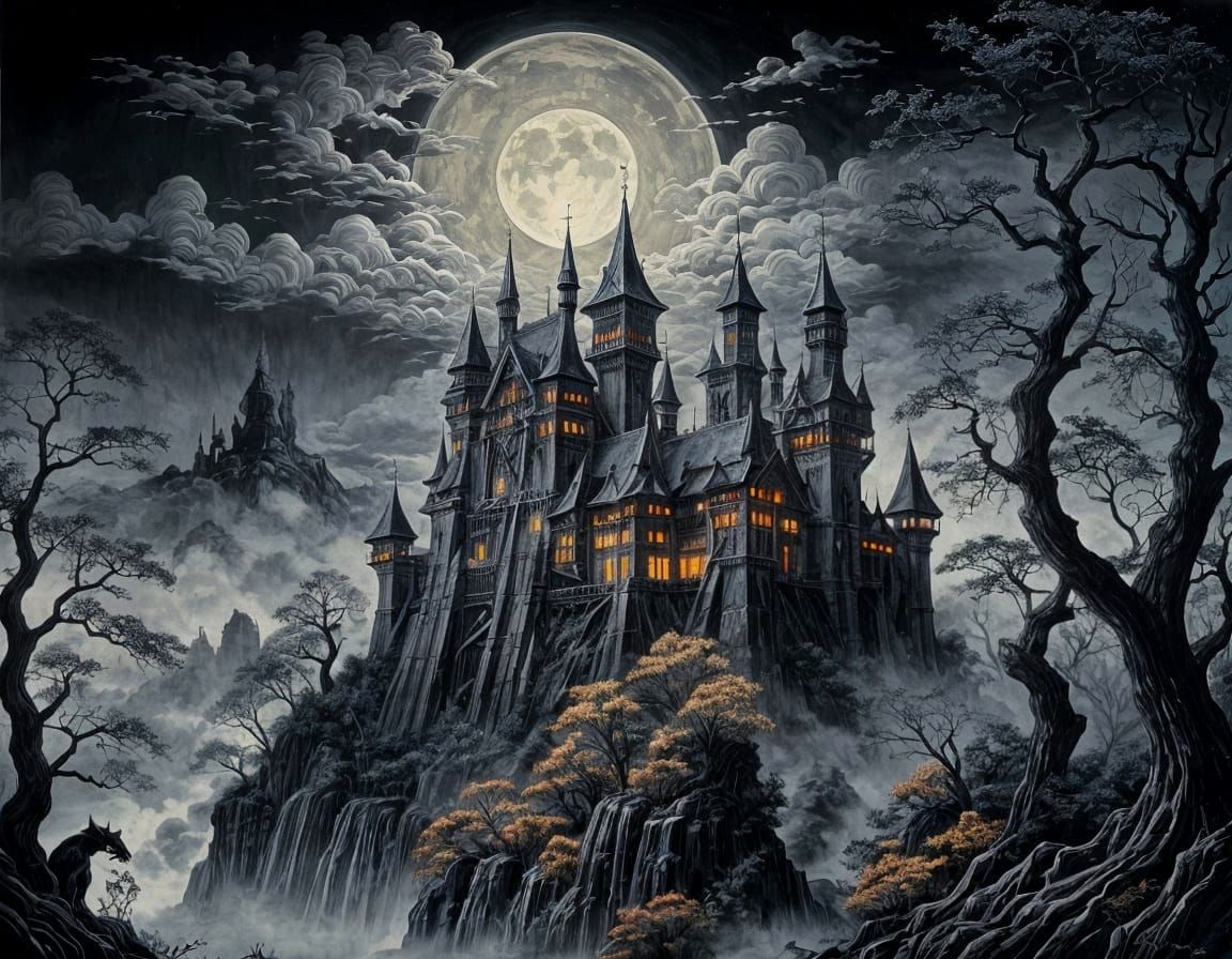 Gothic Castle in Mystical Forest: Ukiyo-e Illustration