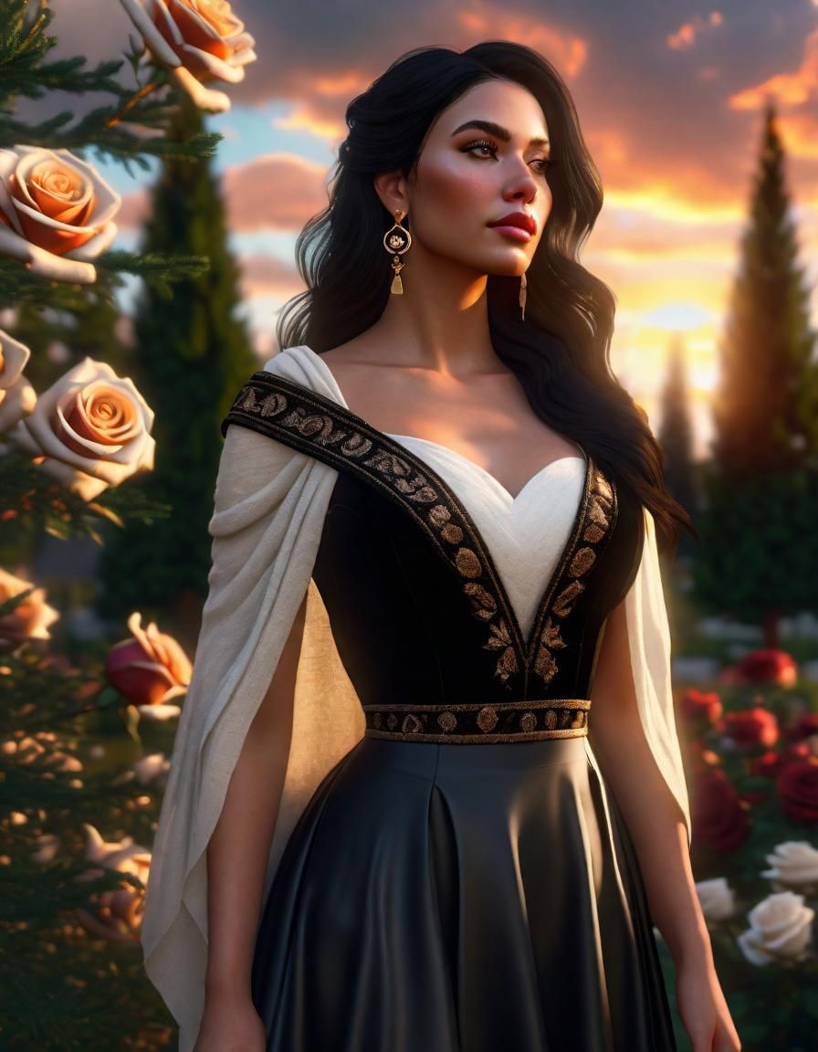 Woman in Garden at Sunset, Photorealistic Style