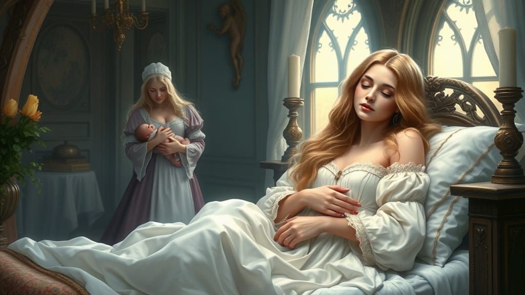 Ethereal Fairy Tale Princess Sleeps with Newborn Son