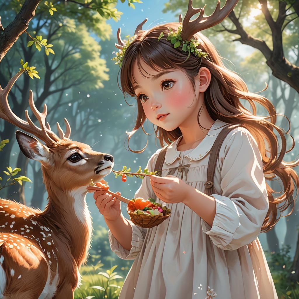Anime Girl Feeds Deer in Hyper-Realistic Digital Art