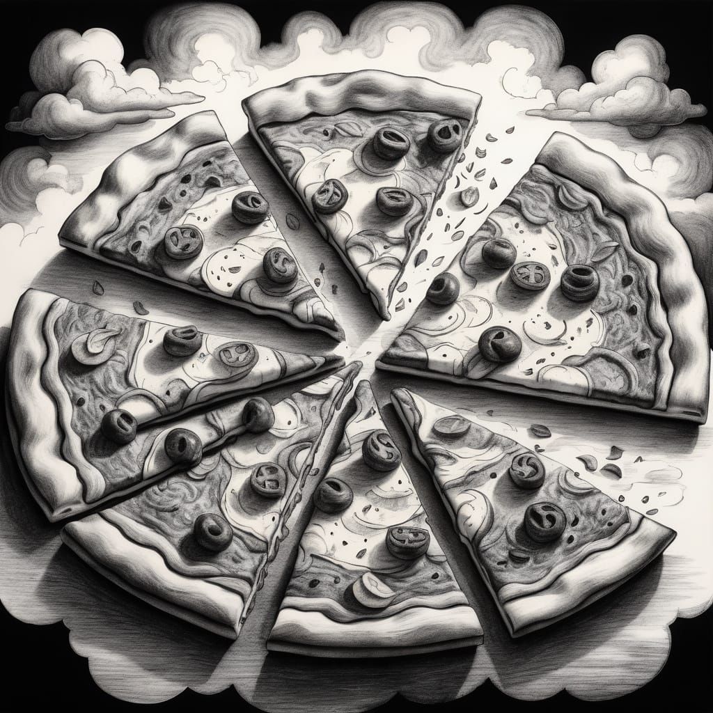 Dreamlike Pizza Islands: A Charcoal Fantasy Illustration