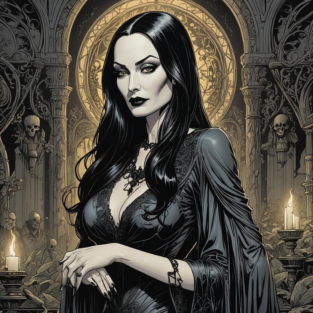 Sensual Morticia Addams in Comic Book Style