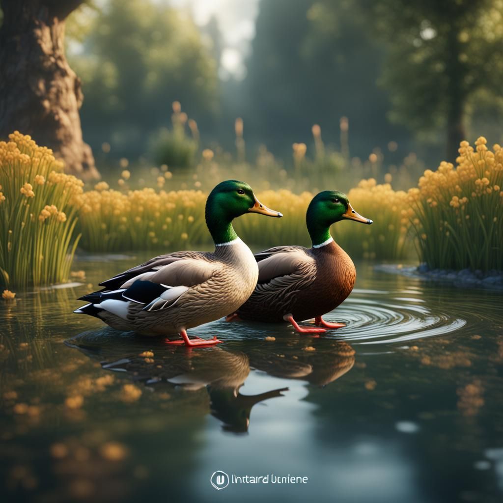Mallard Ducks in Summer Pond: Detailed Matte Painting