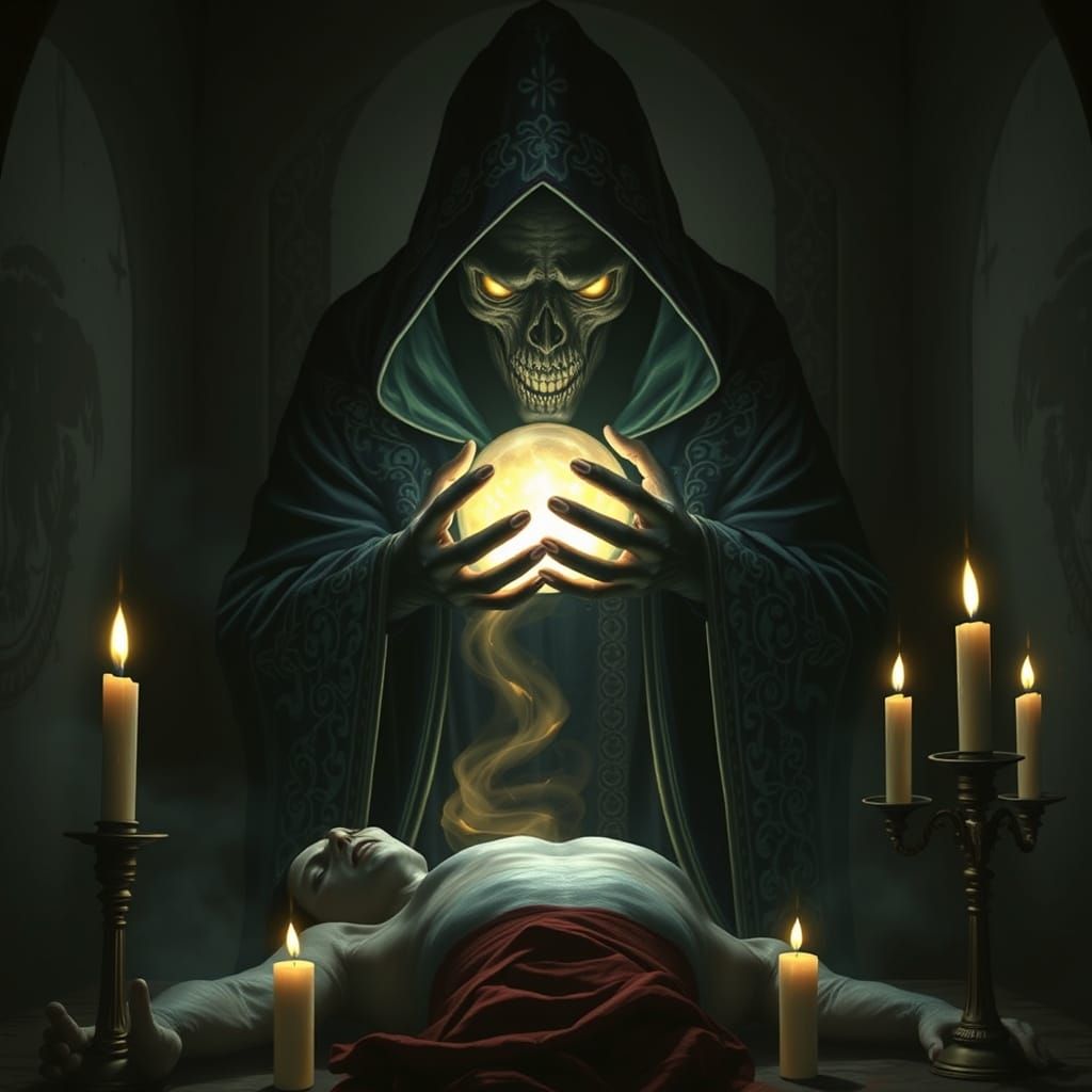 Dark Figure Siphons Human Soul in Eerie, Symbolic Style