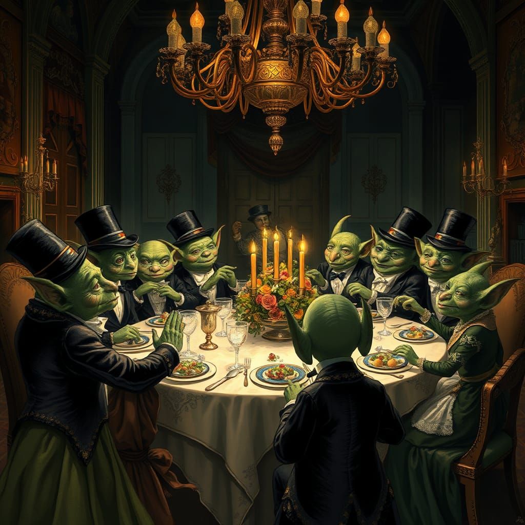 Goblins and Gremlins at Formal Dinner in Dreamlike Style