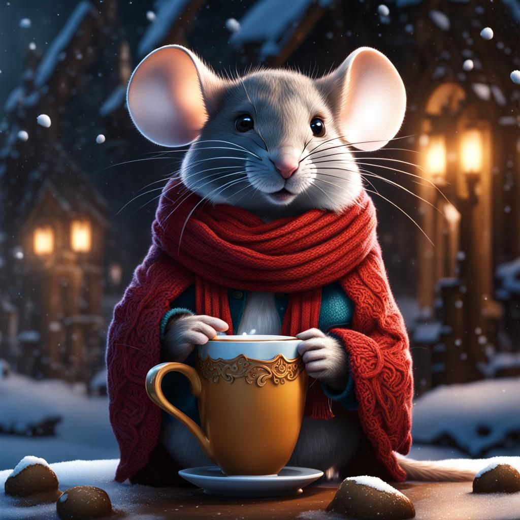 Mouse in Winter Scarf Enjoys Coffee in Snow